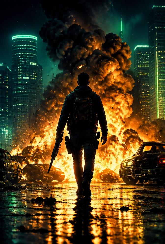 Cena de ação: herói caminhando diante de uma explosão em uma cidade à noite