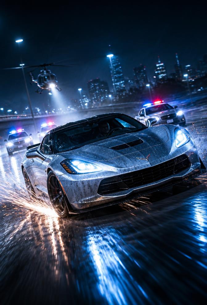 Cena de ação: perseguição de carros em alta velocidade na chuva